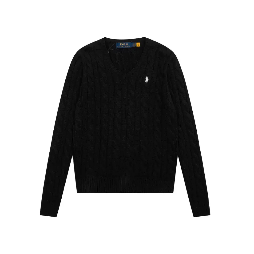 Ralph Lauren Cable-Knit V-Neck Sweater – Black Women’s Long-Sleeve