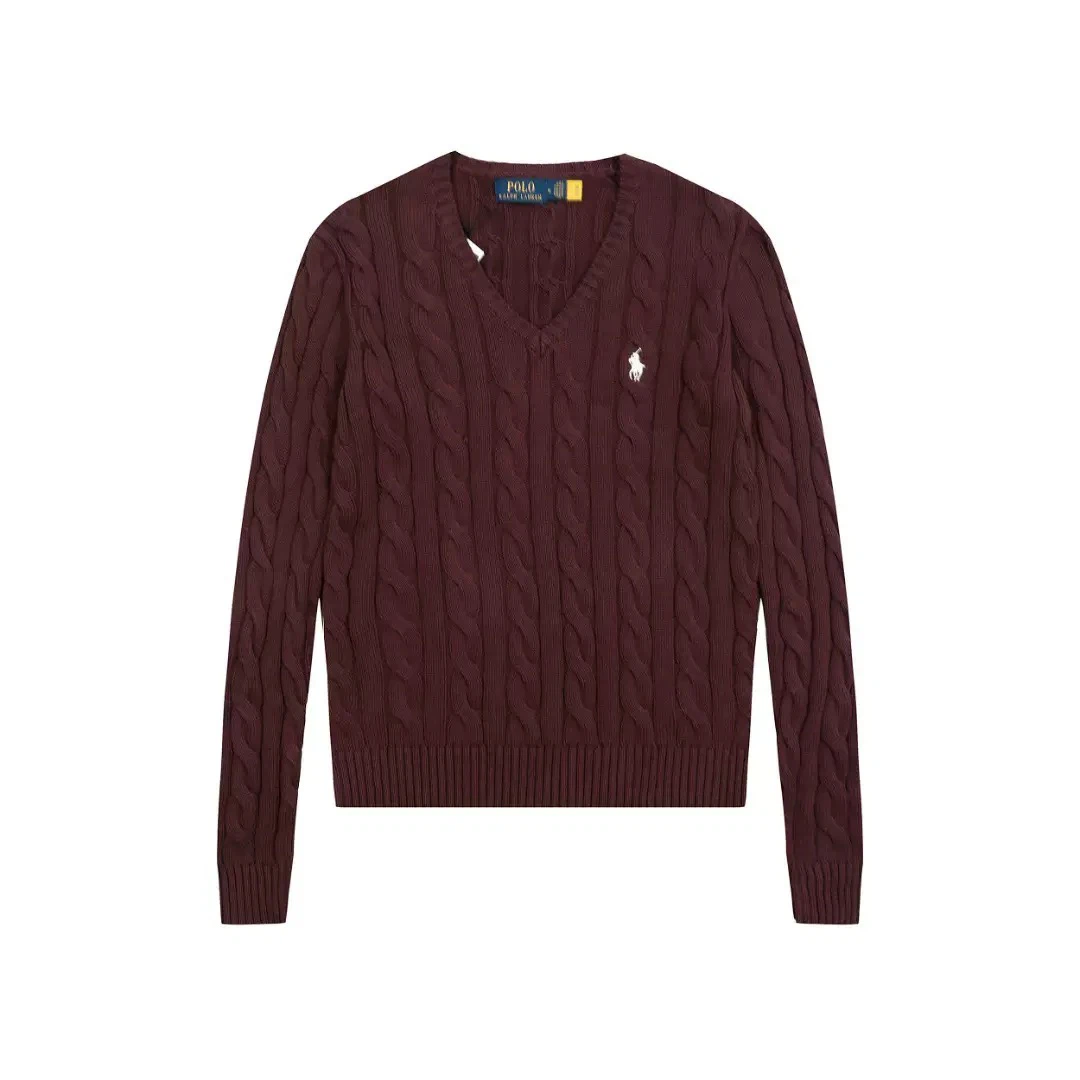 Ralph Lauren Women’s Burgundy Cable‑Knit V‑Neck Sweater
