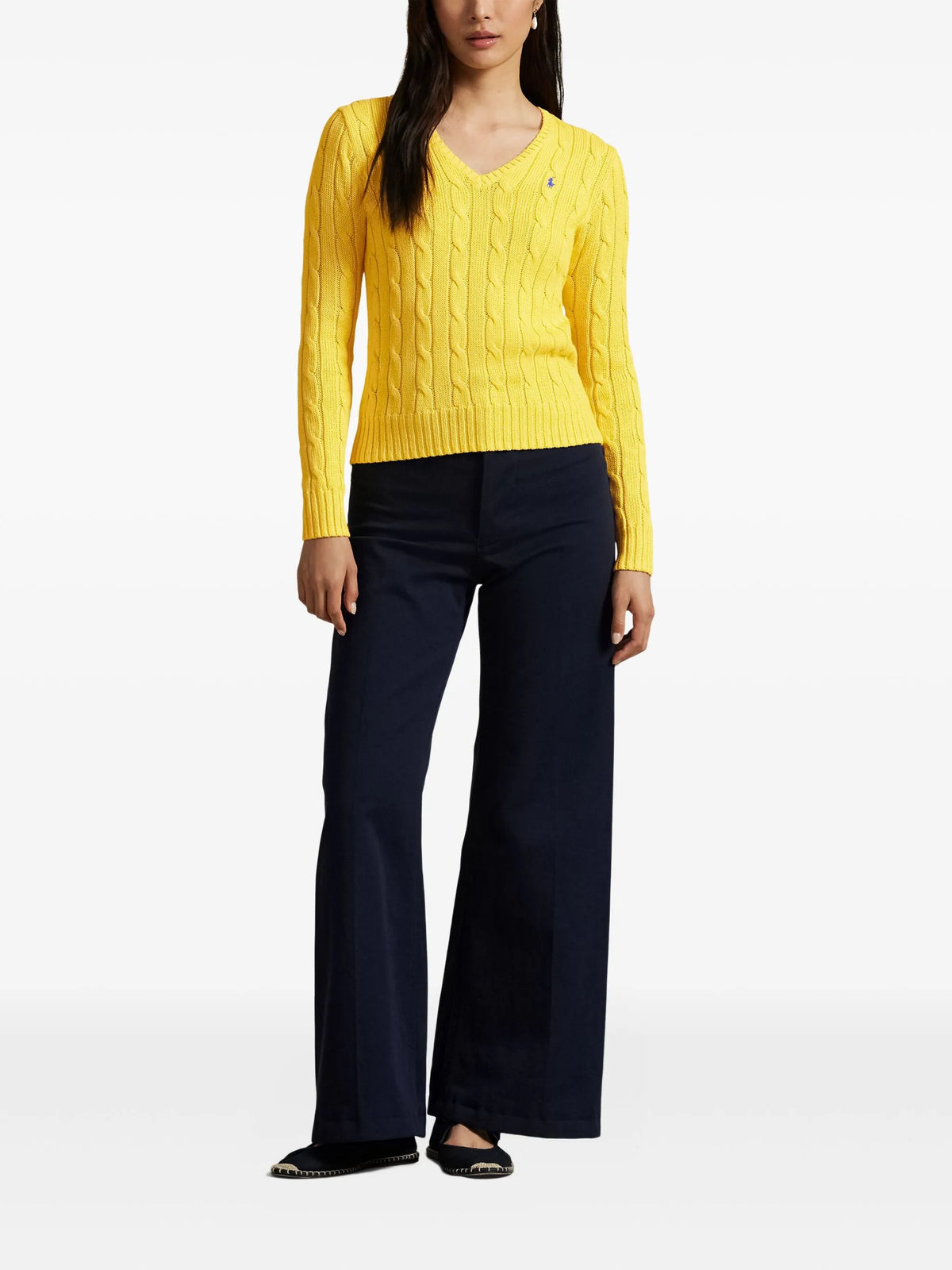Ralph Lauren Women’s Yellow Cable-Knit Cotton V-Neck Sweater