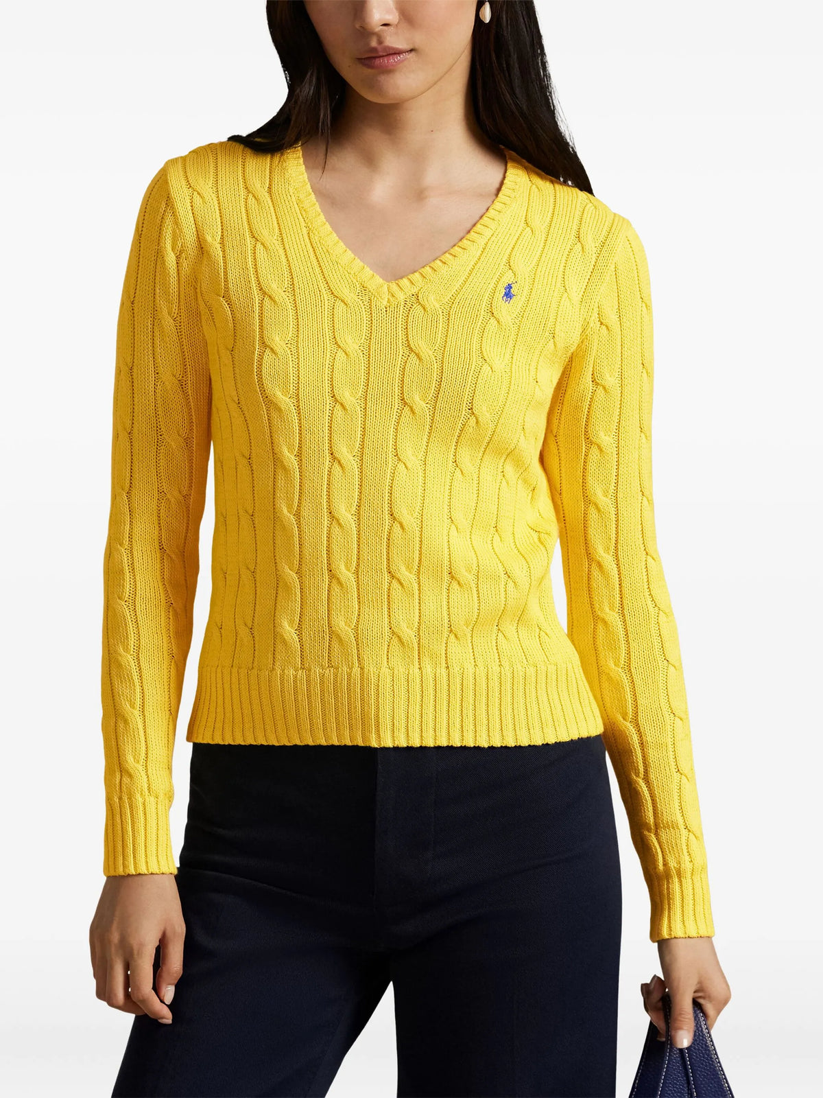 Ralph Lauren Women’s Yellow Cable-Knit Cotton V-Neck Sweater
