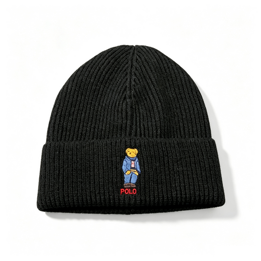 Polo Bear Embroidered Ribbed Knit Beanie, Black Warm Winter Hat