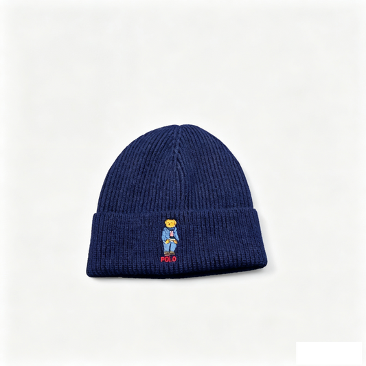 Polo Bear Embroidered Ribbed Knit Beanie, Navy Blue Warm Winter Hat
