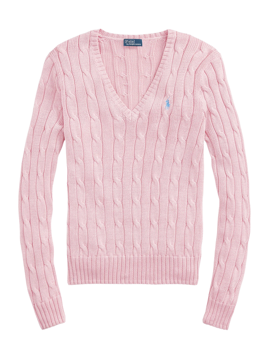 RALPH LAUREN WOMEN Cable-Knit Cotton V-Neck Jumper Carmel Pink