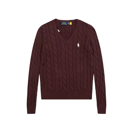 Ralph Lauren Women’s Burgundy Cable‑Knit V‑Neck Sweater