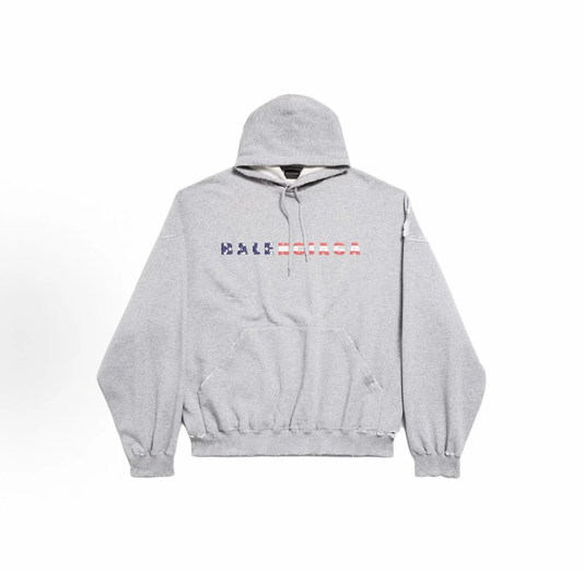 Balenciaga US Flag Distressed Hoodie Unisex Heather Grey